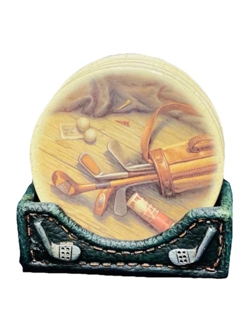 Golf Lovers Green Beige 4” Stoneware Coaster Set VGUC Gorgeous